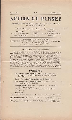 Bild des Verkufers fr ACTION ET PENSEE , revue trimestielle , bulletin de l'Institut international de psychagogie et de psychotherapie , avril 1930 zum Verkauf von PRISCA