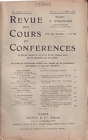 Bild des Verkufers fr Revue des Cours et Confrences. - 36 Anne (2 Srie) - N 11 - 15 Mai 1935. zum Verkauf von PRISCA