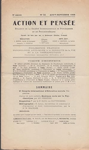 Bild des Verkufers fr ACTION ET PENSEE , revue trimestielle , bulletin de l'Institut international de psychagogie et de psychotherapie ,aout septembre 1930 zum Verkauf von PRISCA