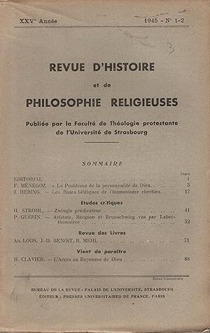 Bild des Verkufers fr Revue d'Histoire et de Philosophie Religieuses. - XXV Anne - N 1-2 zum Verkauf von PRISCA
