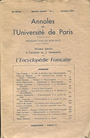 Bild des Verkufers fr Annales de l'Universit de Paris. - 22 Anne - N Spcial  l'occasion du 2 Centenaire de l'Encyclopdie Franaise - N 1 - Octobre 1952 zum Verkauf von PRISCA