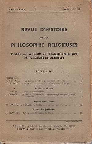 Bild des Verkufers fr Revue d'Histoire et de Philosophie Religieuse. - XXV Anne - N 1/2 zum Verkauf von PRISCA