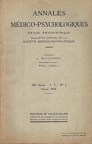 Immagine del venditore per Annales Mdico-Psychologique - Revue Psychiatrique - Bulletin Officiel de la Socit Mdico-Psychologique. - 116 Anne - T. 1 - N 2 venduto da PRISCA