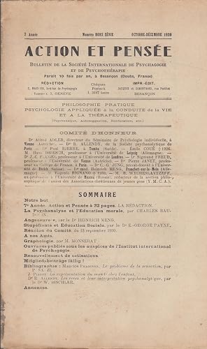 Bild des Verkufers fr ACTION ET PENSEE , revue trimestielle , bulletin de l'Institut international de psychagogie et de psychotherapie , octobre dcembre 1930 zum Verkauf von PRISCA