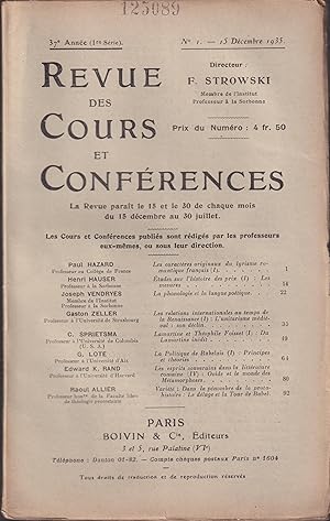Imagen del vendedor de Revue des Cours et Confrences. - 37 Anne (1re Srie) - N 1 - 15 Dcembre 1935. a la venta por PRISCA