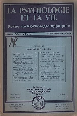 Bild des Verkufers fr La Psychologie et l Vie. Revue de Psychologie applique. - 4 Anne - N 9 - Septembre 1930 zum Verkauf von PRISCA