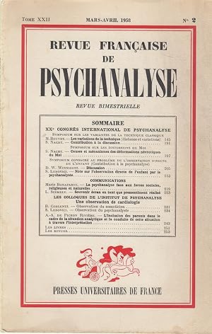 Image du vendeur pour Revue Franaise de Psychanalyse - Revue bimestrielle - Tome XXII - Mars/Avril 1958 - N 2 - XXe Congrs International de Psychanalyse. mis en vente par PRISCA