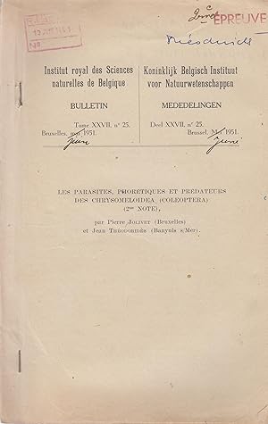 Imagen del vendedor de Institut royal des Sciences naturelles de Belgique - Bulletin - Tome XXVII, n 25, Bruxelles, Juin 1951. - Les parasites, phortiques et prdateurs des chrysomeloidea (coleoptera) (2me note). a la venta por PRISCA