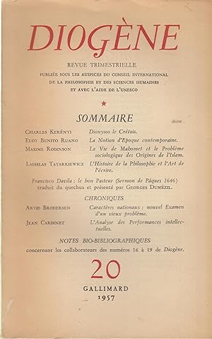 Immagine del venditore per Diogne - Revue trimestrielle publie sous les auspices du conseil international de la philosophie et des sciences humaines et avec l'aide de l'Unesco. - N 20. venduto da PRISCA