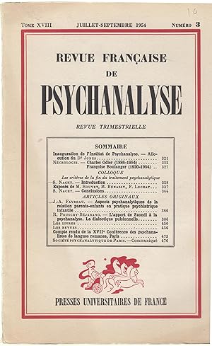 Seller image for Revue Franaise de Psychanalyse - Revue trimestrielle - Tome XVIII - Juillet/Septembre 1954 - N 3 for sale by PRISCA