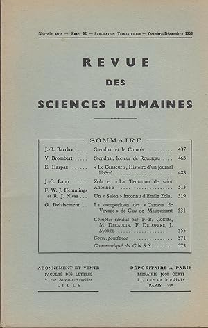 Imagen del vendedor de Revue des Sciences Humaines - Fascicule 92 - Octobre/Dcembre 1958. a la venta por PRISCA