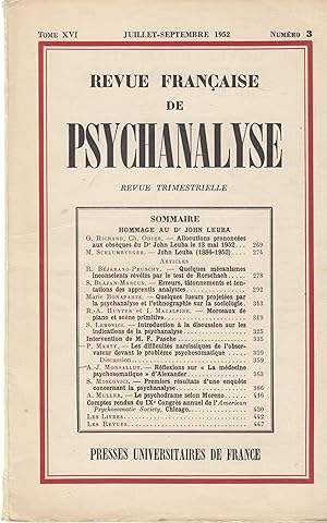 Seller image for Revue Franaise de Psychanalyse - Revue trimestrielle - Tome XVI - Juillet/Septembre 1952 - N 3 for sale by PRISCA