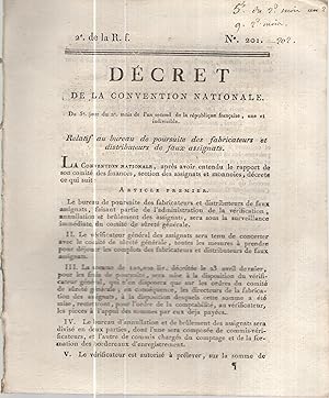 Imagen del vendedor de Dcret de la Convention nationale, du 5e. jour du 2e. mois de l'an second de la Rpublique franaise, une & indivisible, relatif au bureau de poursuite des fabricateurs & distributeurs de faux assignats. a la venta por PRISCA