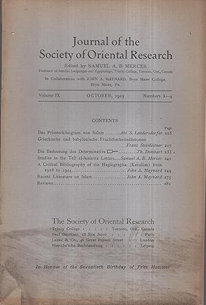 Bild des Verkufers fr Journal of the Society of oriental Research. - Volume IX - N 3-4 - October, 1925. zum Verkauf von PRISCA