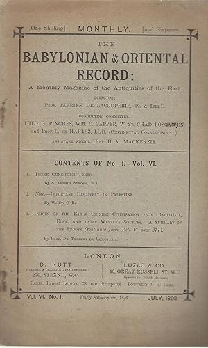 Bild des Verkufers fr Babylonian & Oriental Record: A monthly magazine of the Antiquities of the East. No 1. Vol. VI. zum Verkauf von PRISCA