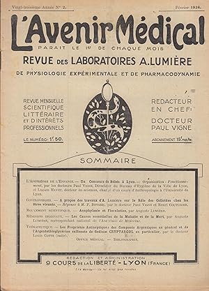 Seller image for L'Avenir Mdical - Revue des Laboratoires A. Lumire de physiologie exprimentale et de pharmacodynamie - Vingt-troisime anne - N 2 - Fvrier 1926. for sale by PRISCA