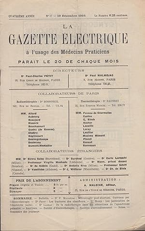 Imagen del vendedor de La Gazette lectrique  l'usage des Mdecins Praticiens - Quatrime anne - N 12 - 20 Dcembre 1910. a la venta por PRISCA