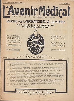 Seller image for L'Avenir Mdical - Revue des Laboratoires A. Lumire de physiologie exprimentale et de pharmacodynamie - Dix-neuvime anne - N 6 - Juin 1922. for sale by PRISCA