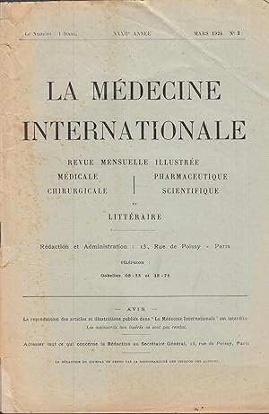 Seller image for La Mdecine Internationale - Revue mensuelle illustre Mdicale, Chirurgicale, Pharmaceutique, Sciences et Littraire - XXXIIe anne - N 3 - Mars 1924. for sale by PRISCA