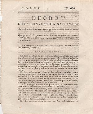 Immagine del venditore per Dcret de la Convention Nationale, du 9 jour de germinal, l'an second de la rpublique franaise, une et indivisible, qui prescrit les formalits  remplir pour les envois de fonds en assignats ou en espces  la trsorerie nationale. - Suivi de : Dcret de la Convention Nationale, du 4 jour de germinal, l'an second de la rpublique franaise, une et indivisible, interprtatif de celui du 10 mai dernier, sur les baux par anticipation. venduto da PRISCA