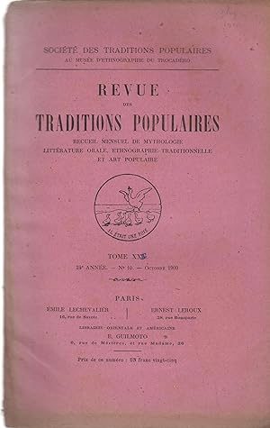 Seller image for Revue des Traditions Populaires. - Recueil mensuel de Mythologie, Littrature orale, Ethnographie traditionnelle et Art populaire. - Tome XXIV - N 10 - Octobre 1909. for sale by PRISCA