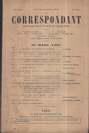 Seller image for Le Correspondant - 94 Anne - Tome 286 - Nouvelle Srie - N 1428 - 25 Mars 1922. for sale by PRISCA