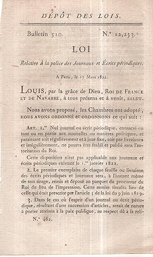 Seller image for Dpt des Lois. - Bulletin 510 - N 12,253 - Loi relative  la police des Journaux et crits priodiques. for sale by PRISCA