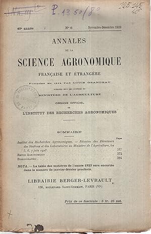 Imagen del vendedor de Annales de la Science Agronomique Franaise et trangre. - 40 Anne - N 6 - Organe Officiel de l'Institut de Recherches Agronomiques. a la venta por PRISCA