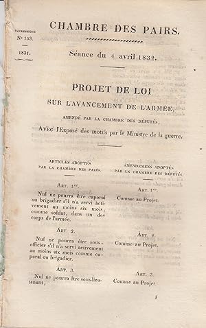 Imagen del vendedor de Projet de loi sur l'avancement de l'arme, sance du 4 Avril 1832 a la venta por PRISCA