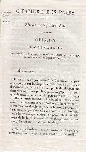 Imagen del vendedor de Chambre des Pairs. Sance du 5 juillet 1826. Opinion de M. le Cte Roy sur le budget du ministre de la Marine. a la venta por PRISCA