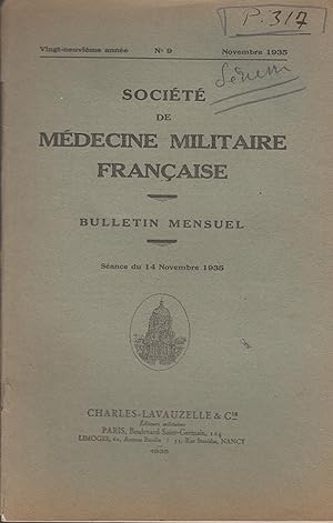 Bild des Verkufers fr Socit de Mdecine Militaire Franaise. - Sance du 14 Novembre 1935 - 29 anne - N 9 - Novembre 1935. zum Verkauf von PRISCA