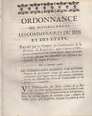 Bild des Verkufers fr Ordonnance de Nosseigneurs les Commissaires du Roi et des tats, portant que les Comptes des Communauts d la Province de Languedoc, pour l'Anne 1767, seront clturs par un Commissaire-Auditeur nomm  cet effet par les Assembles des Assiettes des Diocses de ladite Province. - Du 5 Janvier 1768. zum Verkauf von PRISCA