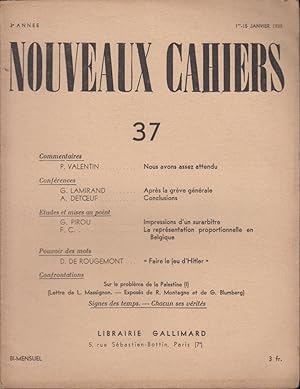 Immagine del venditore per Nouveaux Cahiers - 3 Anne - N 37 venduto da PRISCA