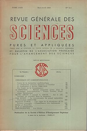 Image du vendeur pour Revue Gnrale des Sciences pures et appliques. - Tome LXIII - N 3-4 mis en vente par PRISCA