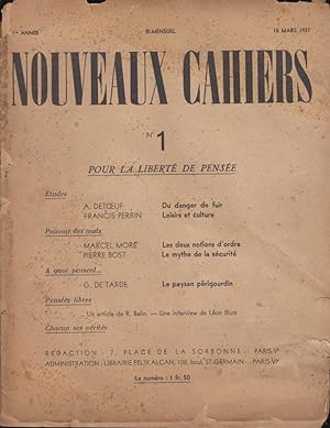 Imagen del vendedor de Nouveaux Cahiers - 1 Anne - N 1 - Pour la libert de pense. a la venta por PRISCA