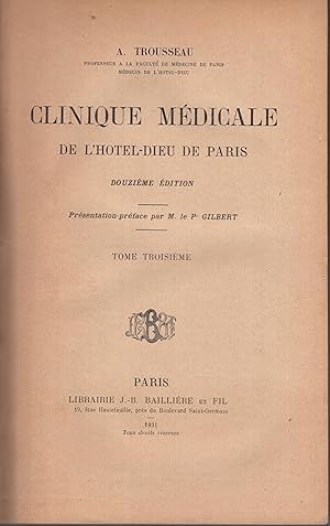 Image du vendeur pour Clinique mdicale de l'Hotel-Dieu de Paris tome III mis en vente par PRISCA