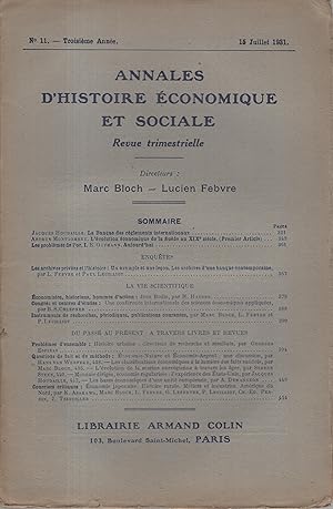 Imagen del vendedor de Annales d'Histoire conomique et Sociale. - N 11 - 3 Anne - 15 Juillet 1931. a la venta por PRISCA