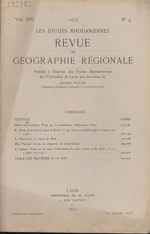 Bild des Verkufers fr Les tudes Rhodaniennes. - Revue de Gographie Rgionale. - Vol. XIII - N 4 zum Verkauf von PRISCA