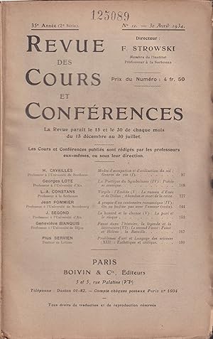 Seller image for Revue des Cours et Confrences. - 35 Anne (2 Srie) - N 10 - 30 Avril 1934. for sale by PRISCA