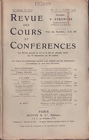 Bild des Verkufers fr Revue des Cours et Confrences. - 37 Anne (2 Srie) - N 15 - 15 Juillet 1936. zum Verkauf von PRISCA