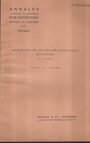 Seller image for Annales de Parasitologie humaine et compare. - Extrait : Recherches sur les Coccidies Intestinales des Tritons. (Tome XIV - N 2 - 1er Mars 1936) for sale by PRISCA