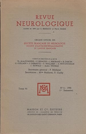 Seller image for Revue Neurologique - Organe Officiel des Socit Franaise de Neurologie, Socit d'lectroencphalographie de Langue Franaise. - Tome 92 - N 4 - 1955 (1er Semestre). for sale by PRISCA