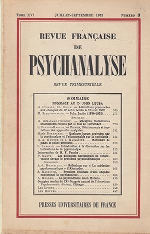 Seller image for Revue Franaise de Psychanalyse - Revue trimestrielle - Tome XVI - Juillet/Septembre 1952 - N 3 for sale by PRISCA