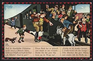 Bild des Verkufers fr Knstler-Ansichtskarte Hans Boettcher: Bauer bindet seinen Ziegenbock an die schwbische Eisenbahn zum Verkauf von Bartko-Reher
