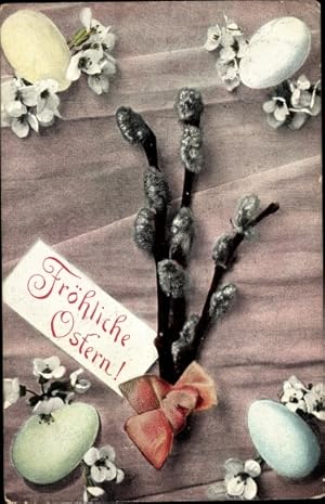 Ansichtskarte / Postkarte Glückwunsch Ostern, Weidenkätzchen, Ostereier, Blumen