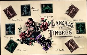 Ansichtskarte / Postkarte Briefmarkensprache, Liebespaar, Blumen