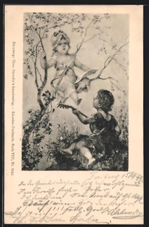 Bild des Verkufers fr Knstler-Ansichtskarte Theo Stroefer Serie VIII, Nr. 5643: Kleiner Musikant spielt fr kleine Angebetete zum Verkauf von Bartko-Reher