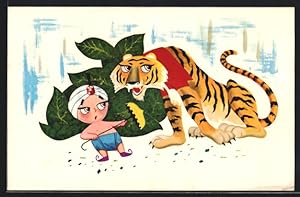 Künstler-Ansichtskarte Sambo meets a tiger in the jungle., Sambo`s Pancakes Restaurant, Reklame