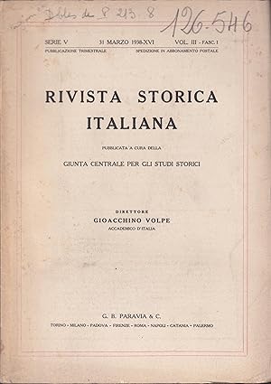 Immagine del venditore per Rivista Storica Italiana. Pubblicata a cura della Giunta Centrale per gli Studi Storici. - Serie V - Vol. III - Fasc. 1. venduto da PRISCA