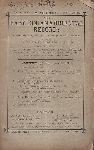 Image du vendeur pour The Babylonian & oriental Record : A Monthly Magazine of the Antiquities of the East. - N 1 - Vol. III mis en vente par PRISCA